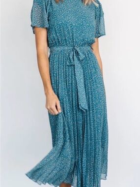 Baltic Born Teal Floral Pleated Midi Dress with Tie Waist